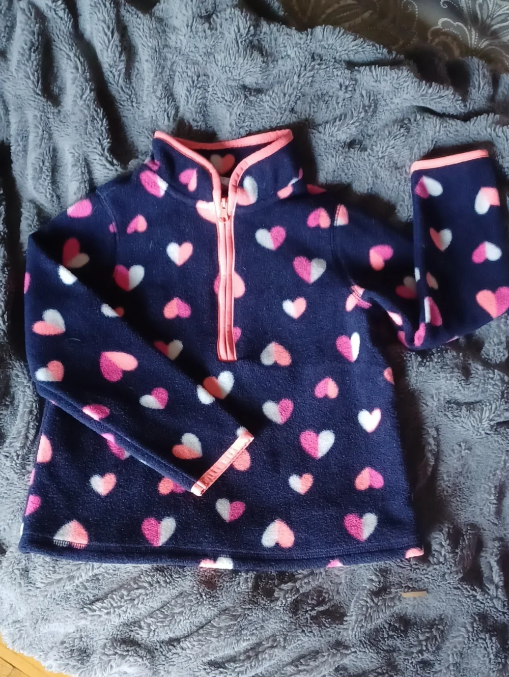 GAP Navy Fleece Half Zip Hoodie with Coral Pink and White Heart Print,size 5T